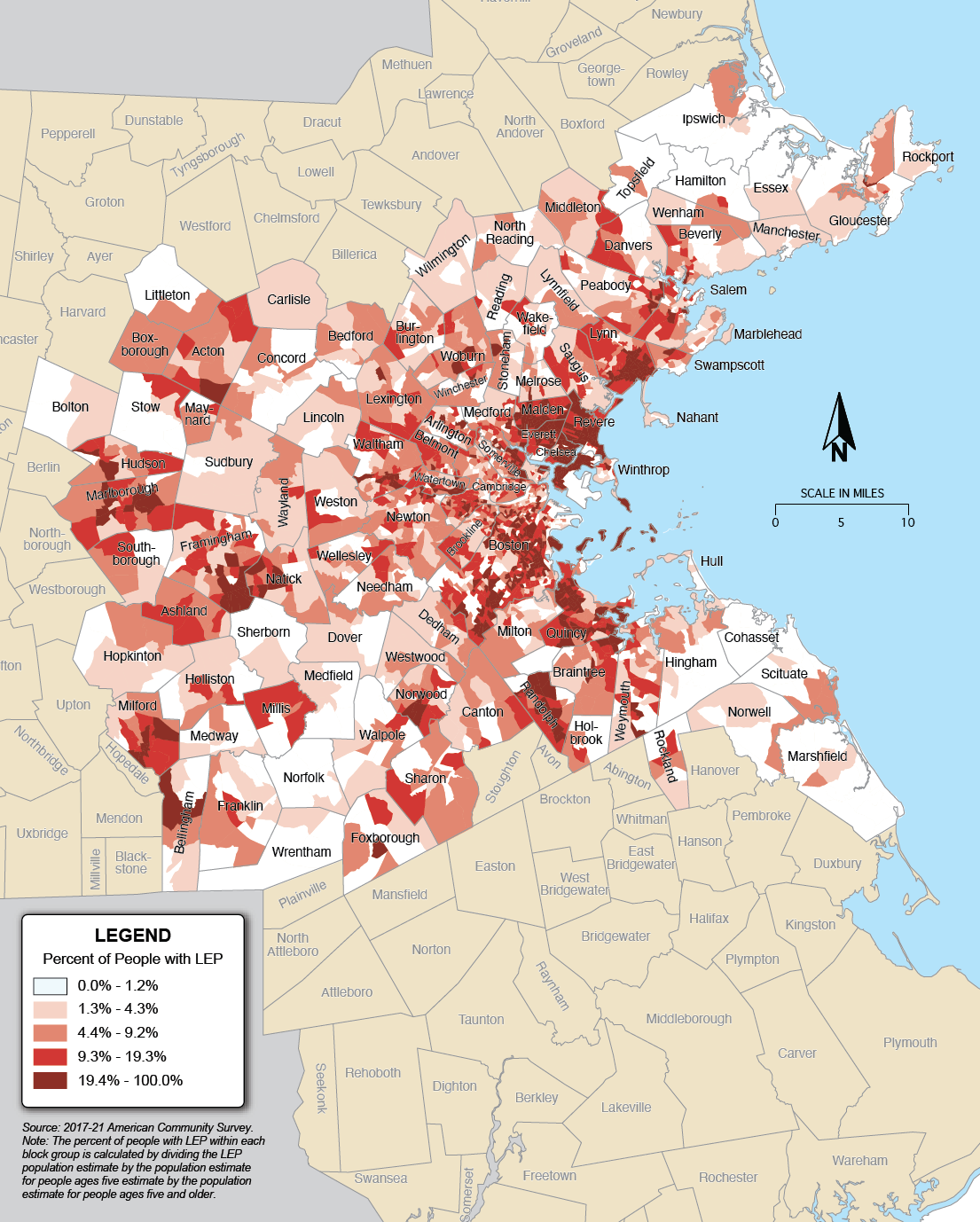 A map showing the percentage of people with limited English proficiency in the Boston Region.